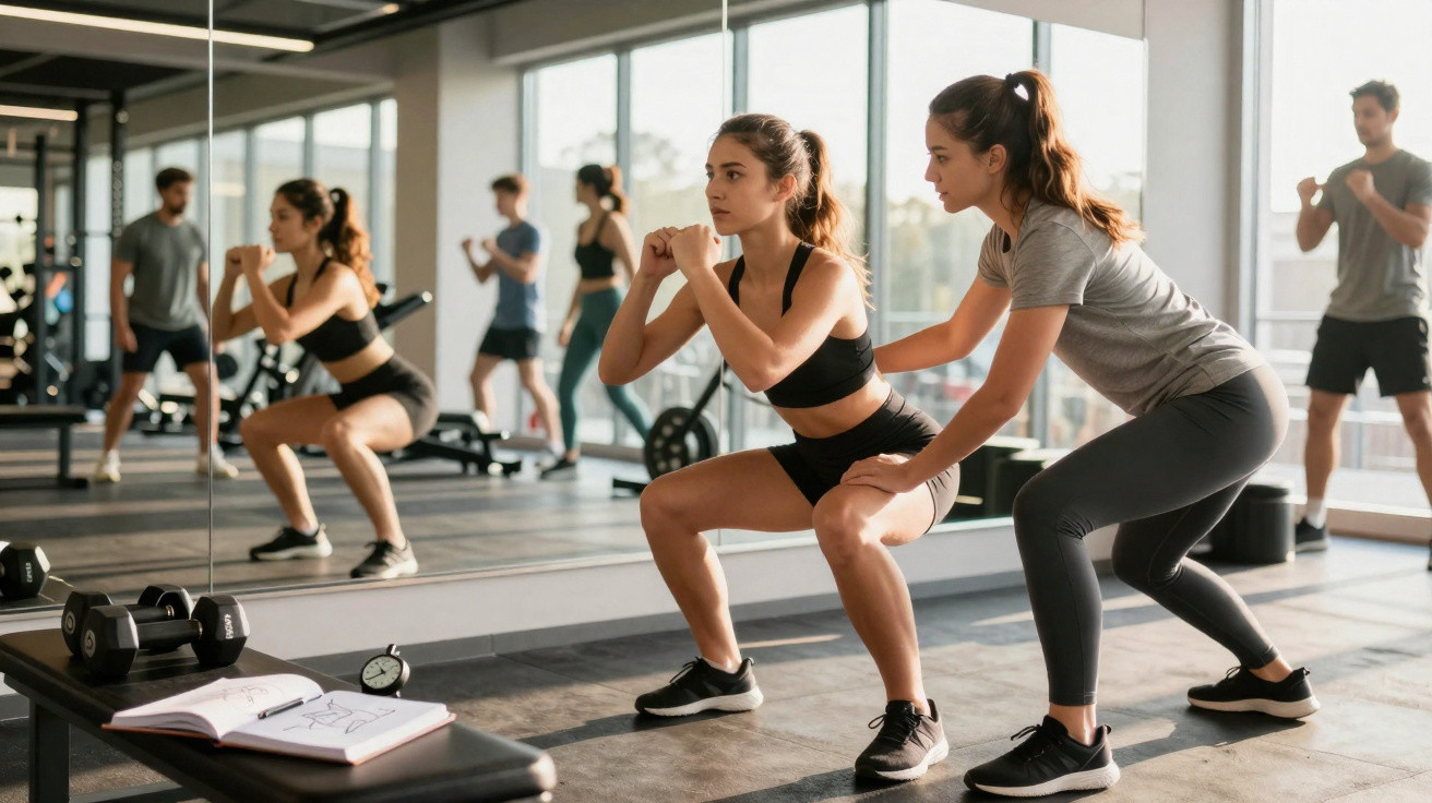 Woman performing squats with coach assisting in a gym with mirrors and other people exercising in the background.