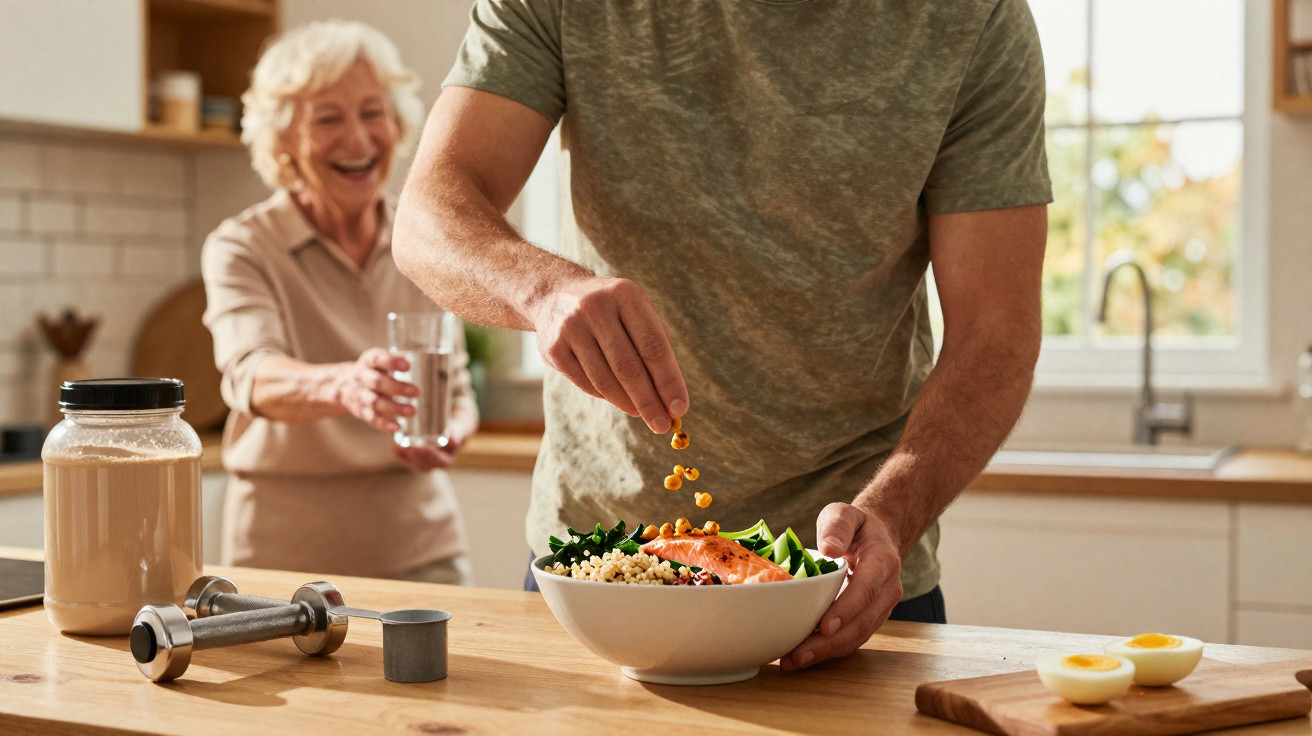 Man seasoning a healthy bowl of food in kitchen with elderly woman holding a glass of water in background