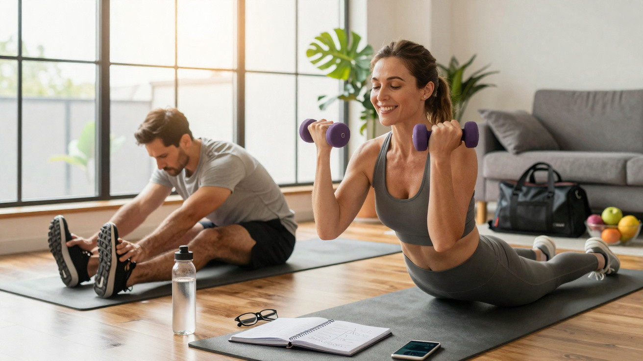 Man stretching and woman lifting dumbbells on yoga mats in bright living room.