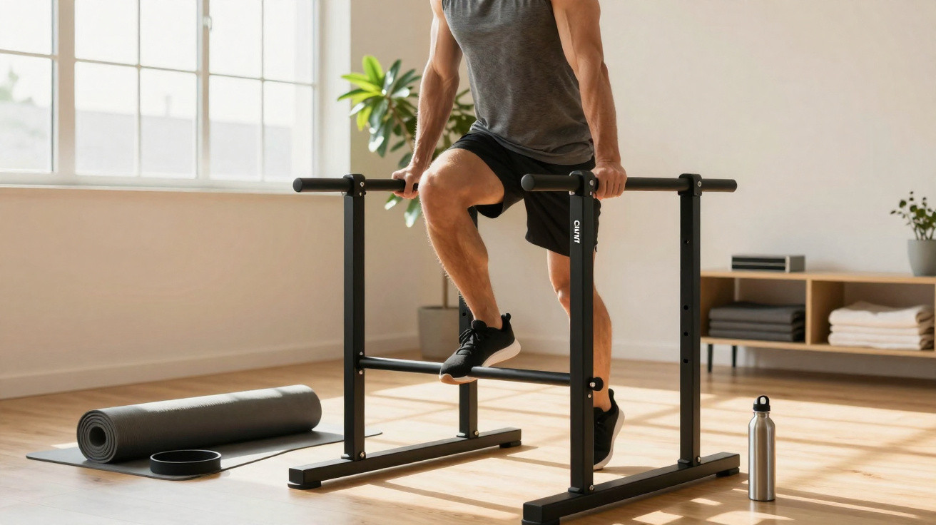 Man performing dips on parallel bars in a sunlit room with yoga mat and water bottle nearby