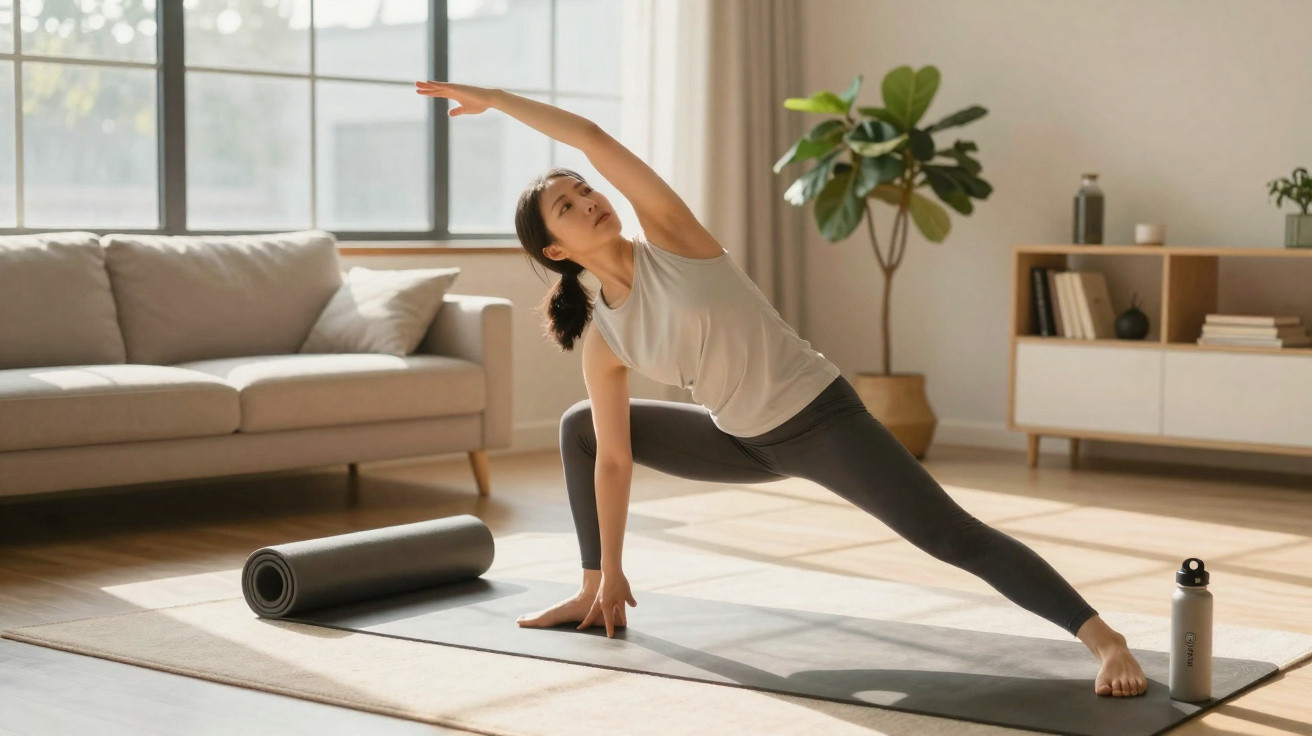 Woman in activewear practising yoga stretch on mat in bright living room with sofa and plant nearby