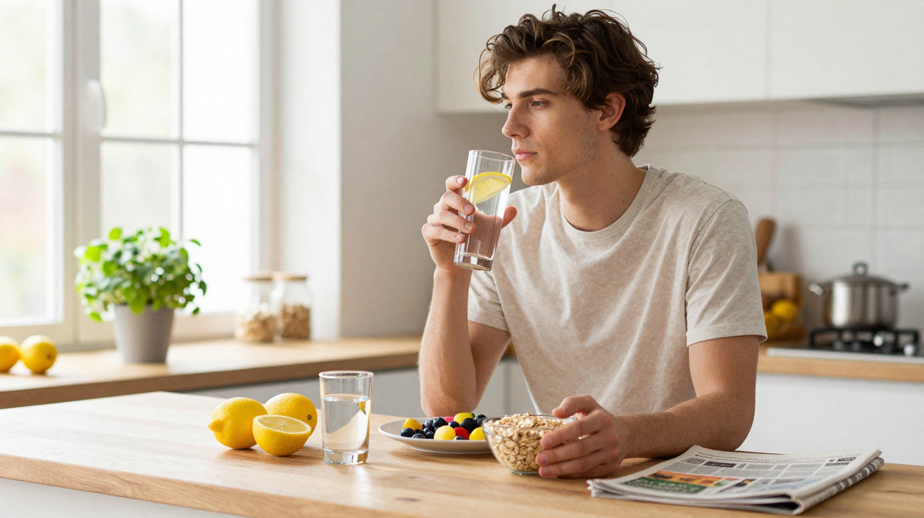 Young man drinking lemon water while having breakfast with fruit and cereal in a bright kitchen
