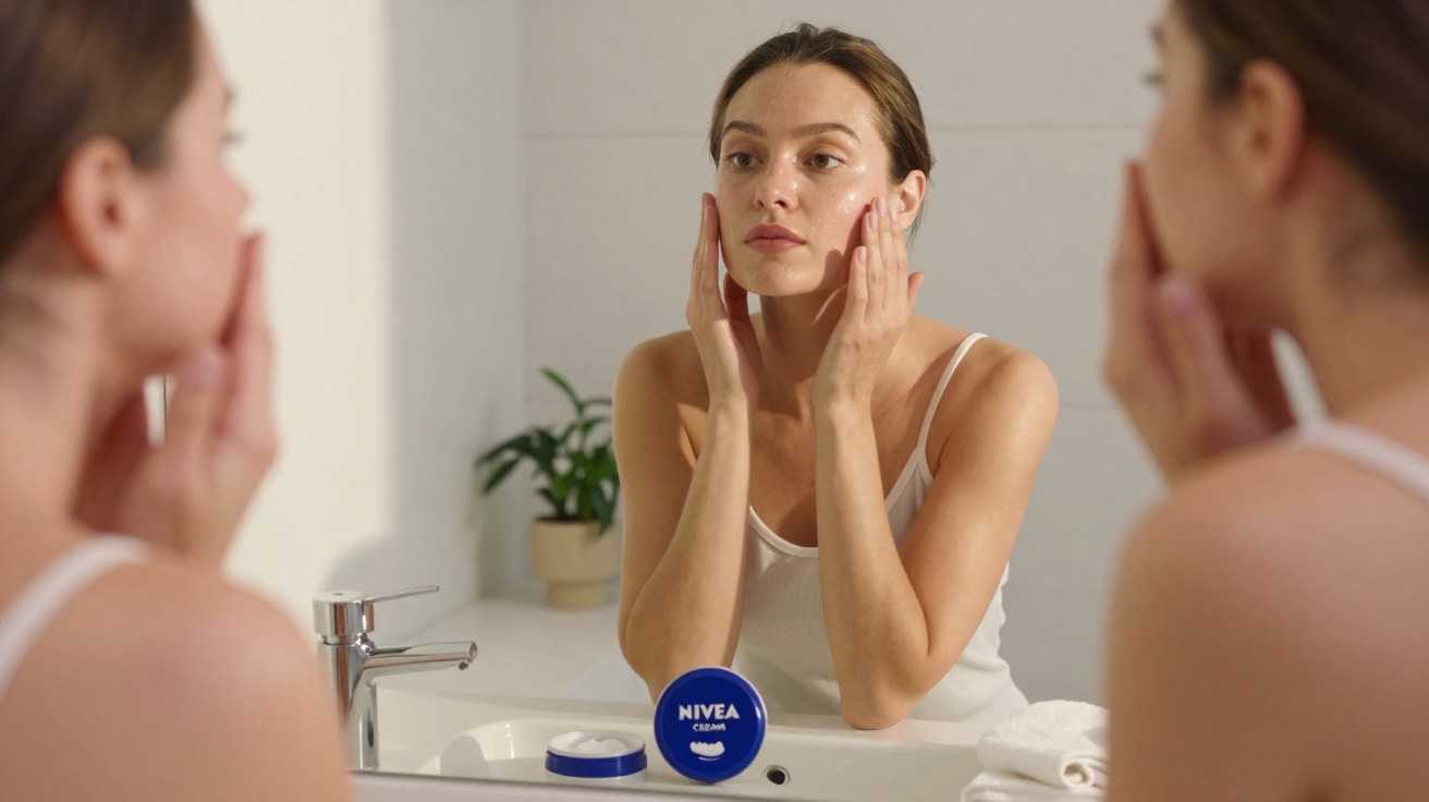 Woman in white vest applying Nivea cream on her face in front of a bathroom mirror