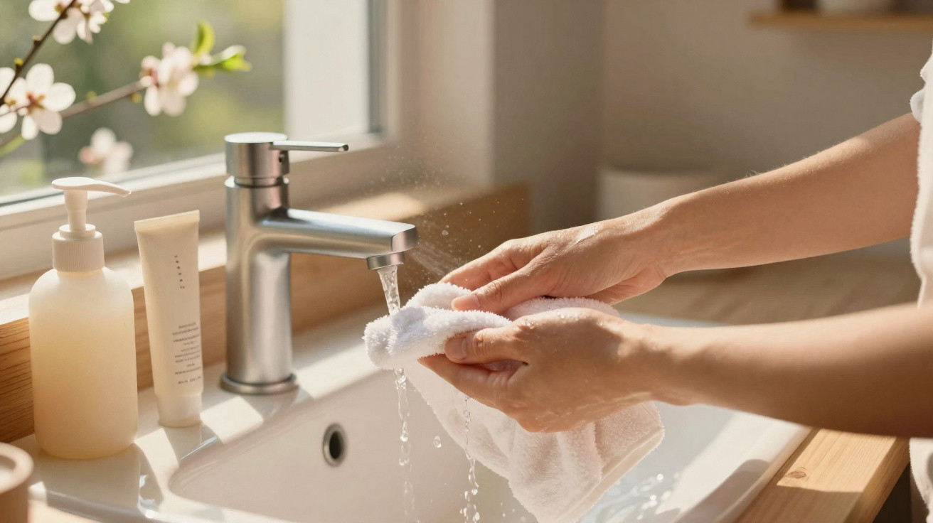 Person washing a white cloth under running water in a modern bathroom sink with natural light.