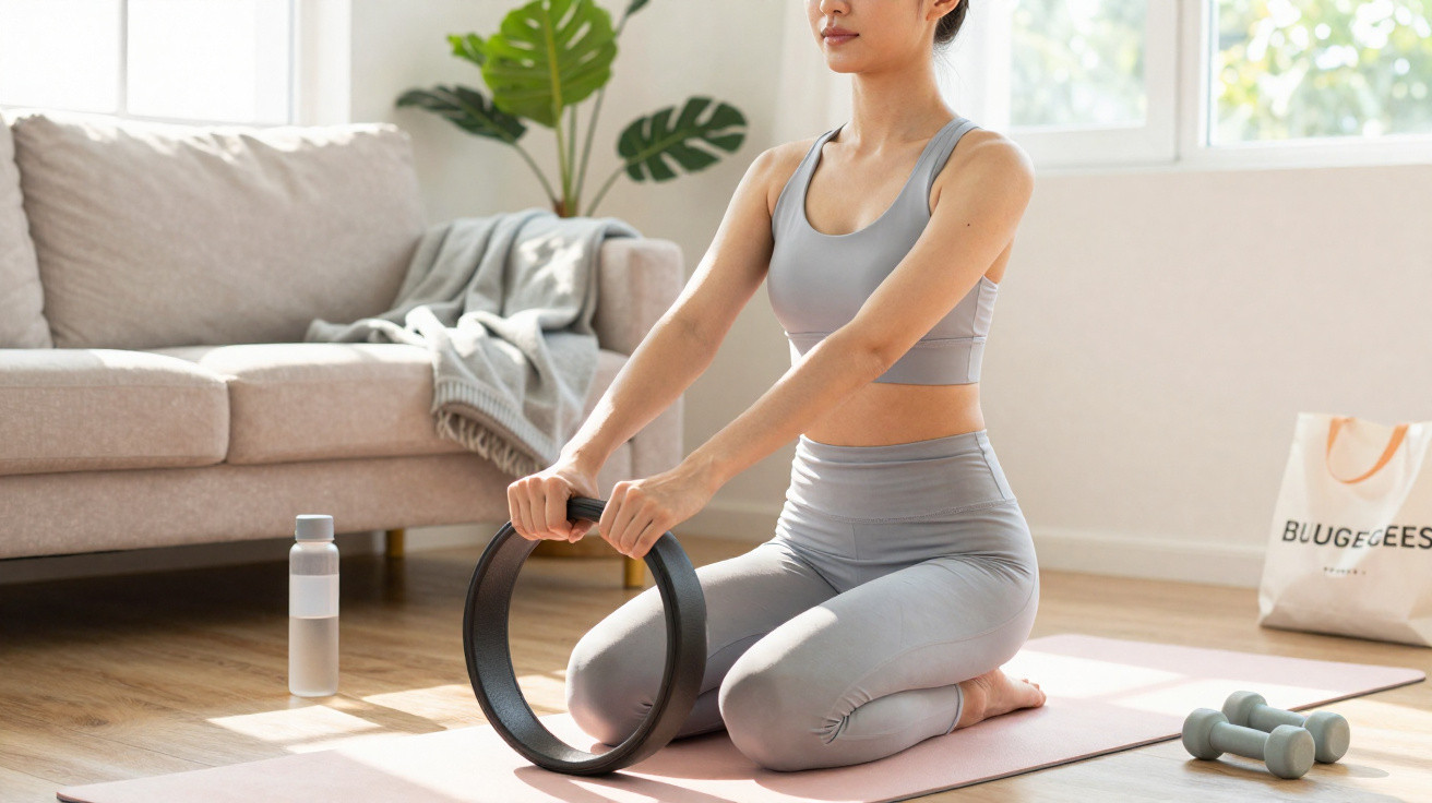 Woman in grey workout clothes kneeling on a yoga mat holding a black Pilates ring in a bright living room.