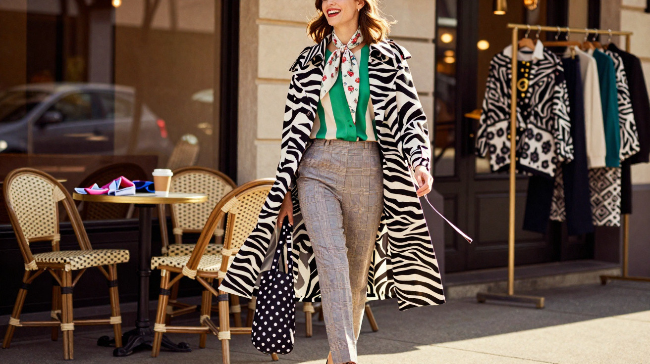 Woman walking on city street wearing zebra print coat, green blouse, checked trousers, and carrying polka dot bag.