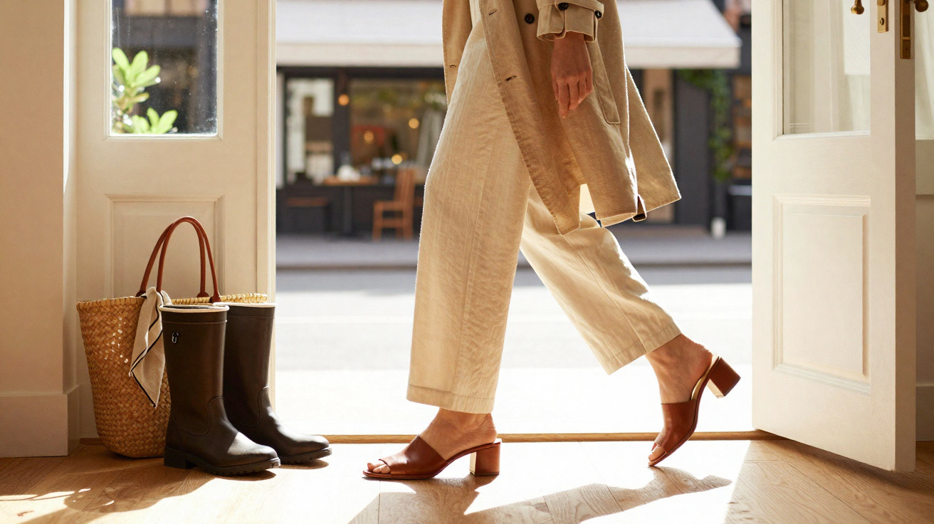 Person wearing beige trousers, brown heeled sandals, and a trench coat walking through a bright doorway.
