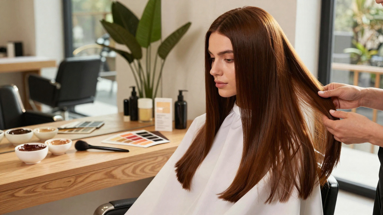 Woman with long straight brown hair having a hairdresser styling it in a modern salon.