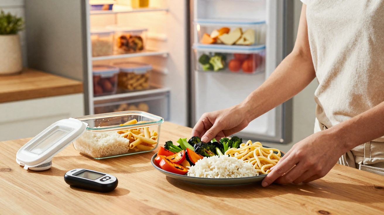 Person placing a plate with rice, pasta, and vegetables on a table beside a blood glucose meter and open fridge.