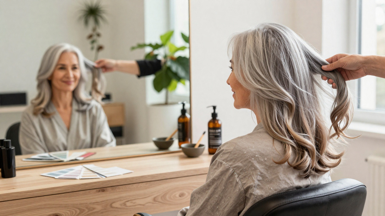 Older woman with silver hair having her hair styled at a salon, sitting in front of a mirror.