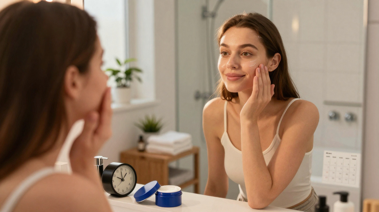 Young woman applying cream to her face while looking in the bathroom mirror.