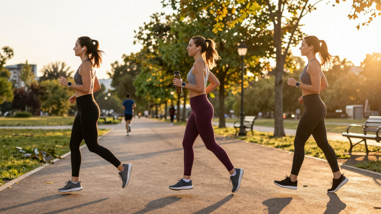 Three women jogging in a park on a sunny evening, wearing athletic wear and ponytails.