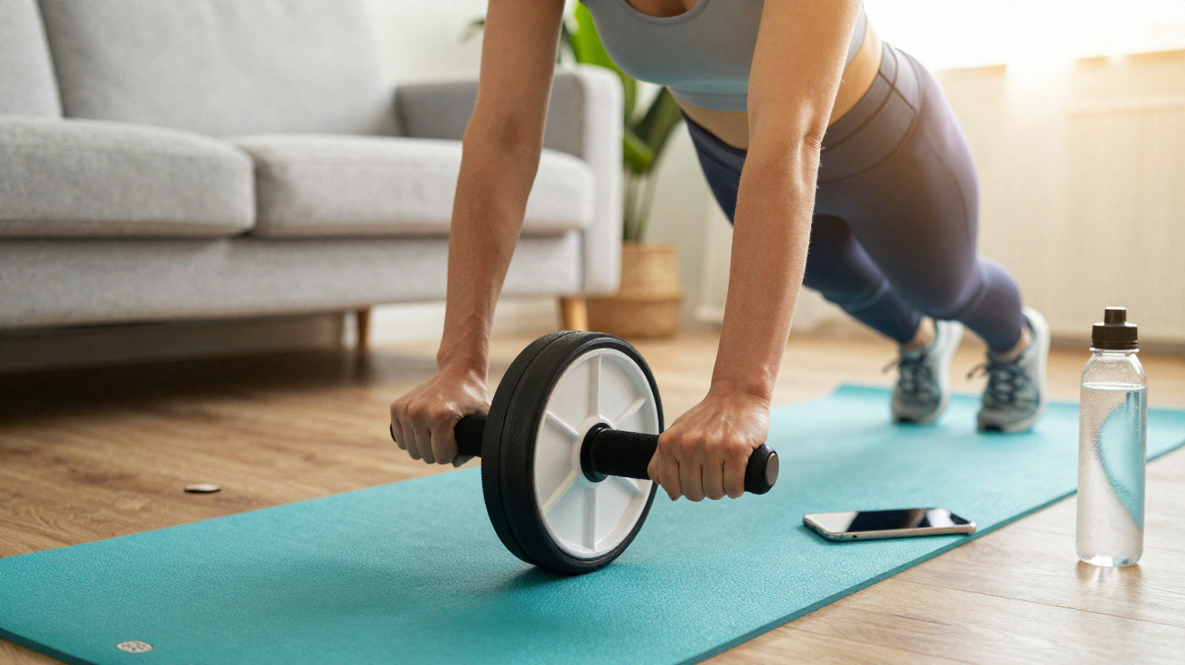 Woman exercising with an ab roller on a blue mat in a living room, with phone and water bottle nearby.