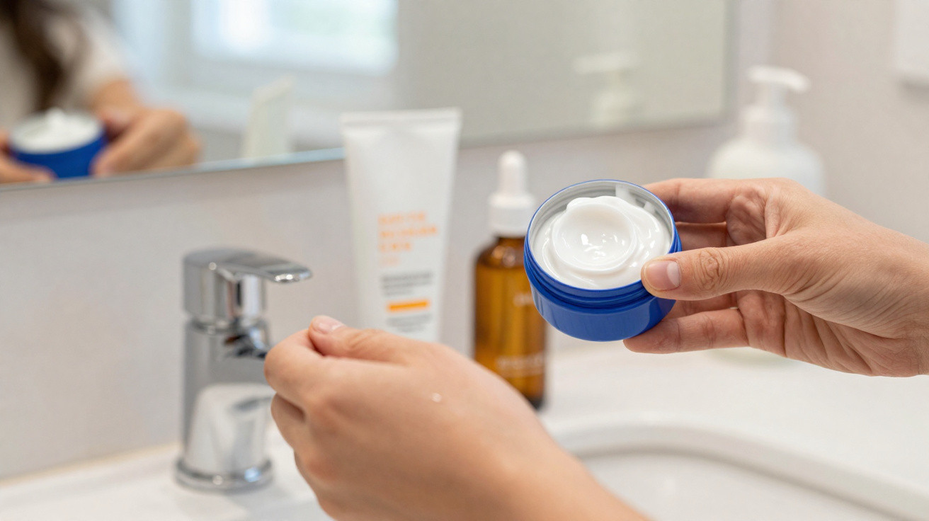 Person holding an open jar of white cream with bathroom sink, faucet, and skincare products in the background.
