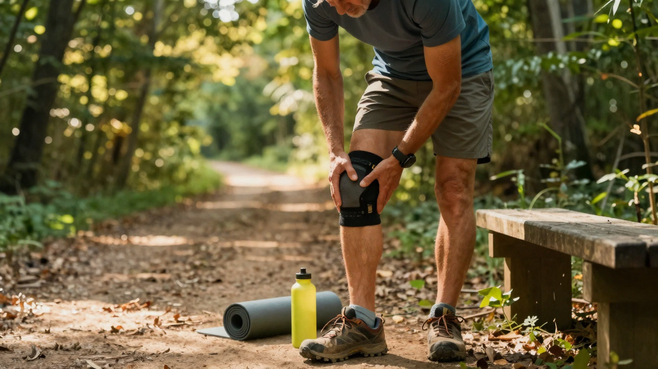 Man in outdoor trail adjusting knee brace with yoga mat and water bottle on ground nearby in wooded area.