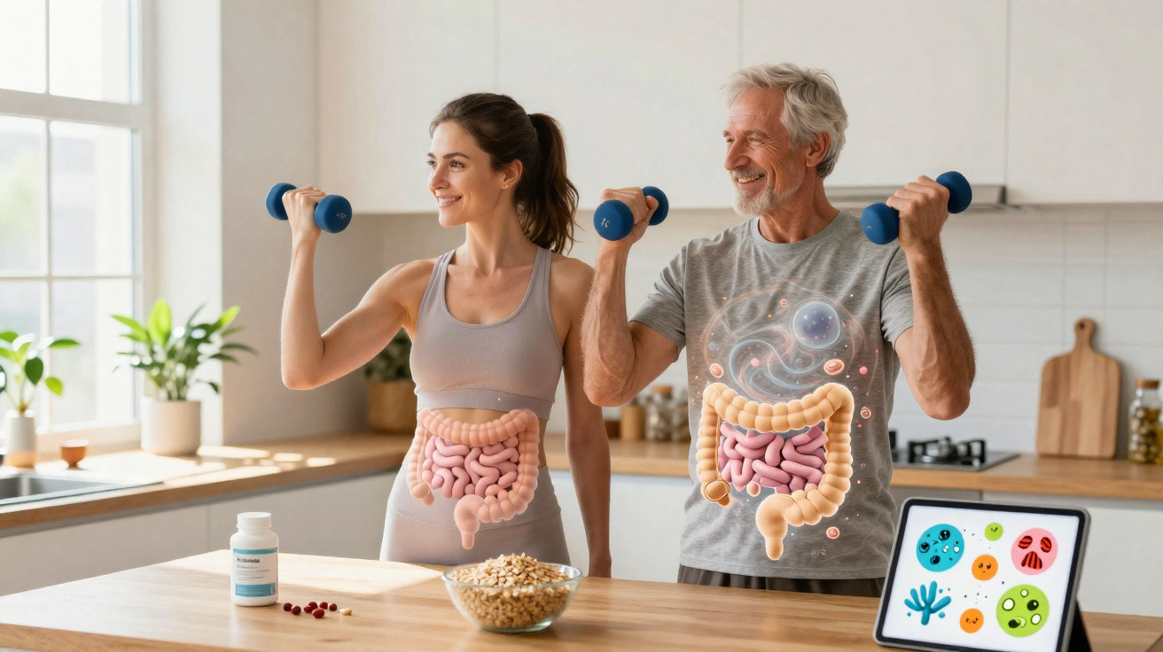 Young woman and elderly man lifting dumbbells in kitchen with digital gut health illustrations on their torsos.