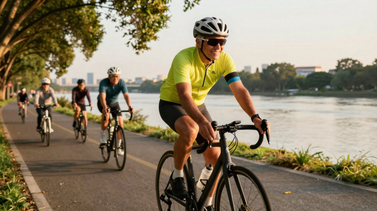 Group of cyclists wearing helmets riding on riverside bike path on a sunny day