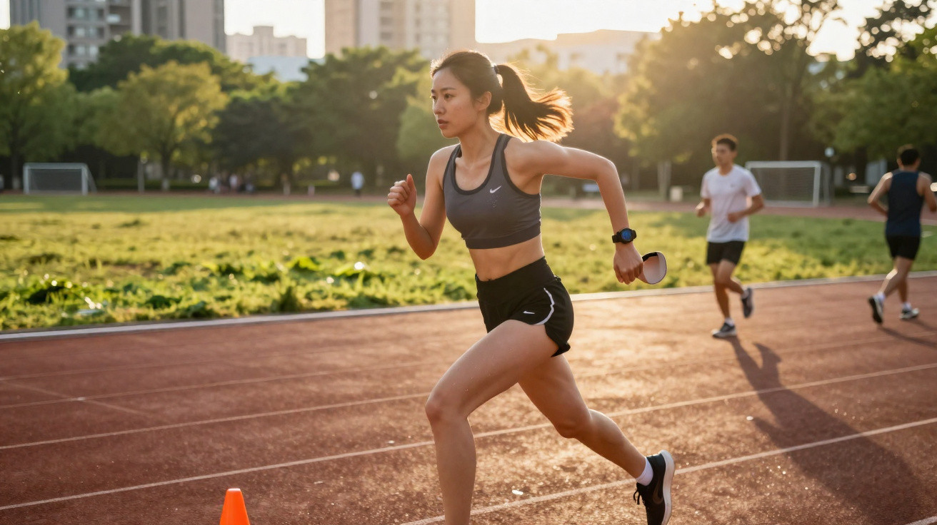 Young woman sprinting on outdoor track in sportswear with other runners in the background during golden hour.