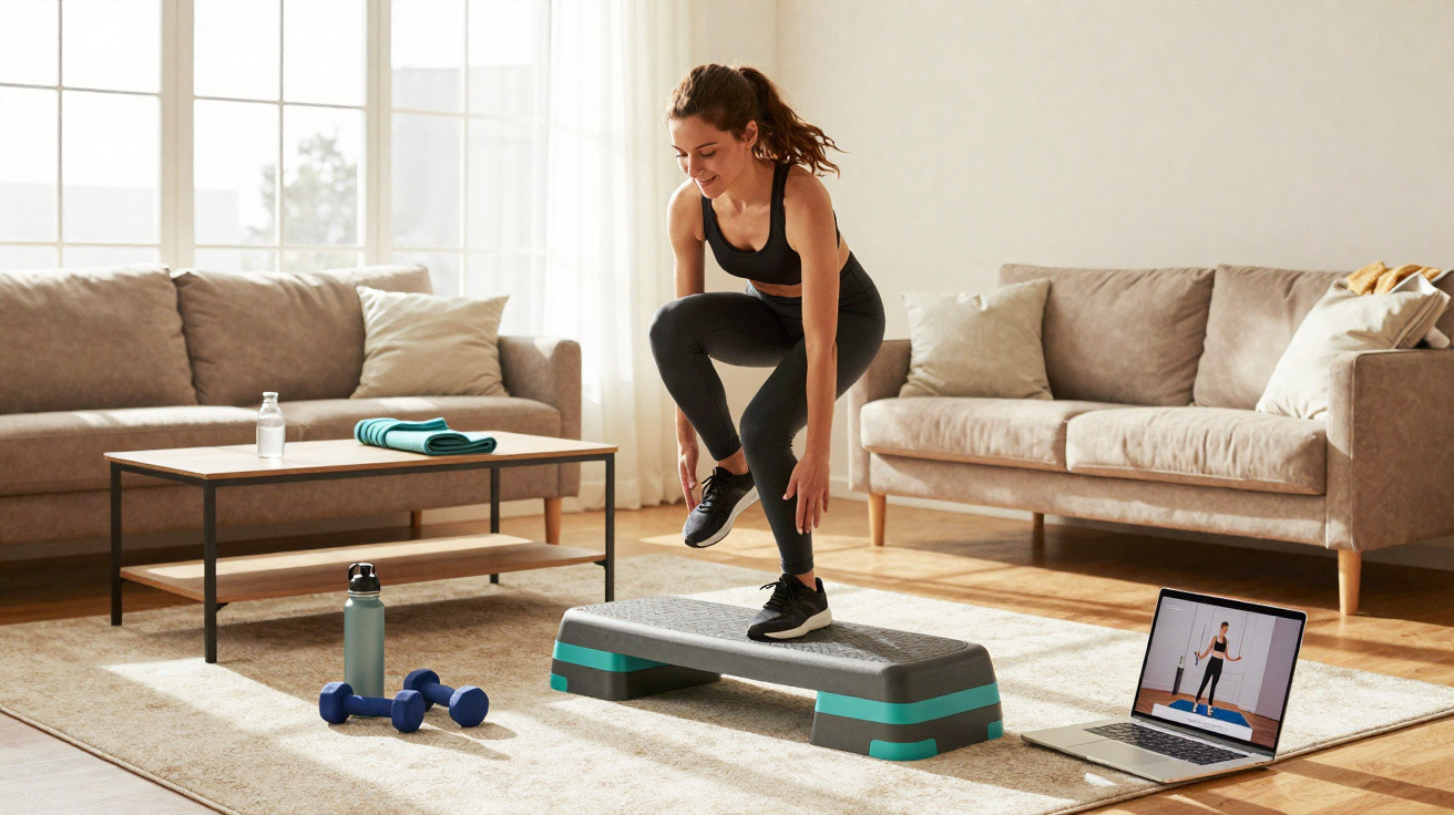 Woman in sportswear exercising on a step platform in a living room following an online workout on a laptop.