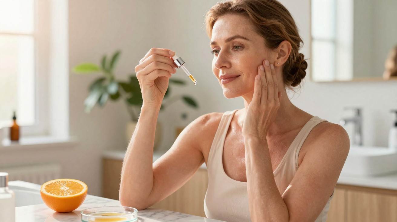 Woman applying facial serum with a dropper in a bright bathroom, sitting at a marble countertop with orange fruit.