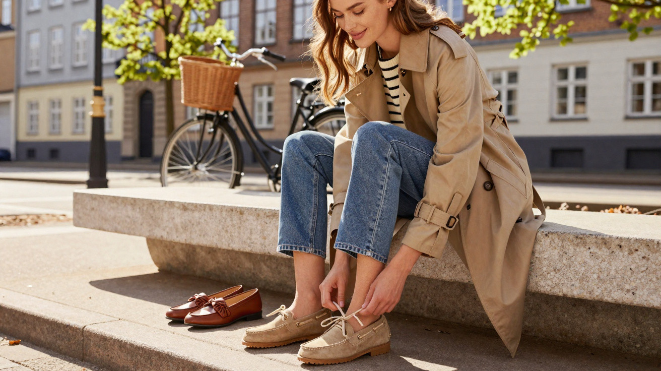 Woman in trench coat sitting on a stone bench, tying beige shoes on a sunny urban street with a bicycle nearby.