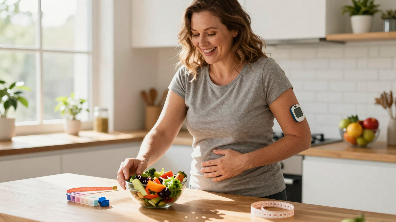 Pregnant woman smiling while preparing a fresh vegetable salad in a bright kitchen with measuring tapes nearby.