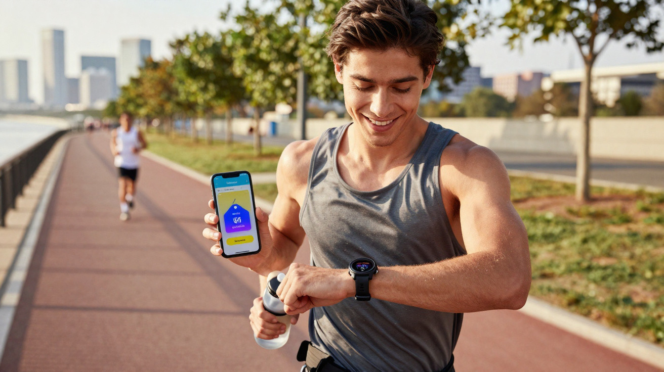Young man in a sleeveless top checking his smartwatch and fitness app on a phone while running outdoors on a city path.