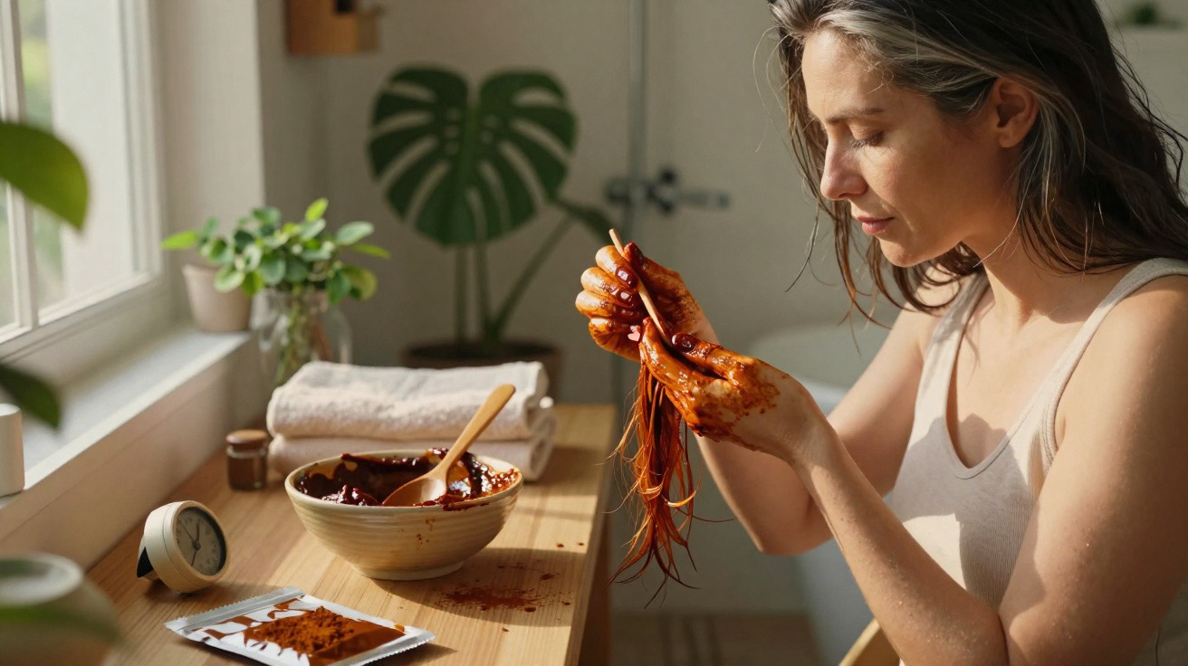 Woman applying henna paste to her hair while sitting at a sunlit wooden table.