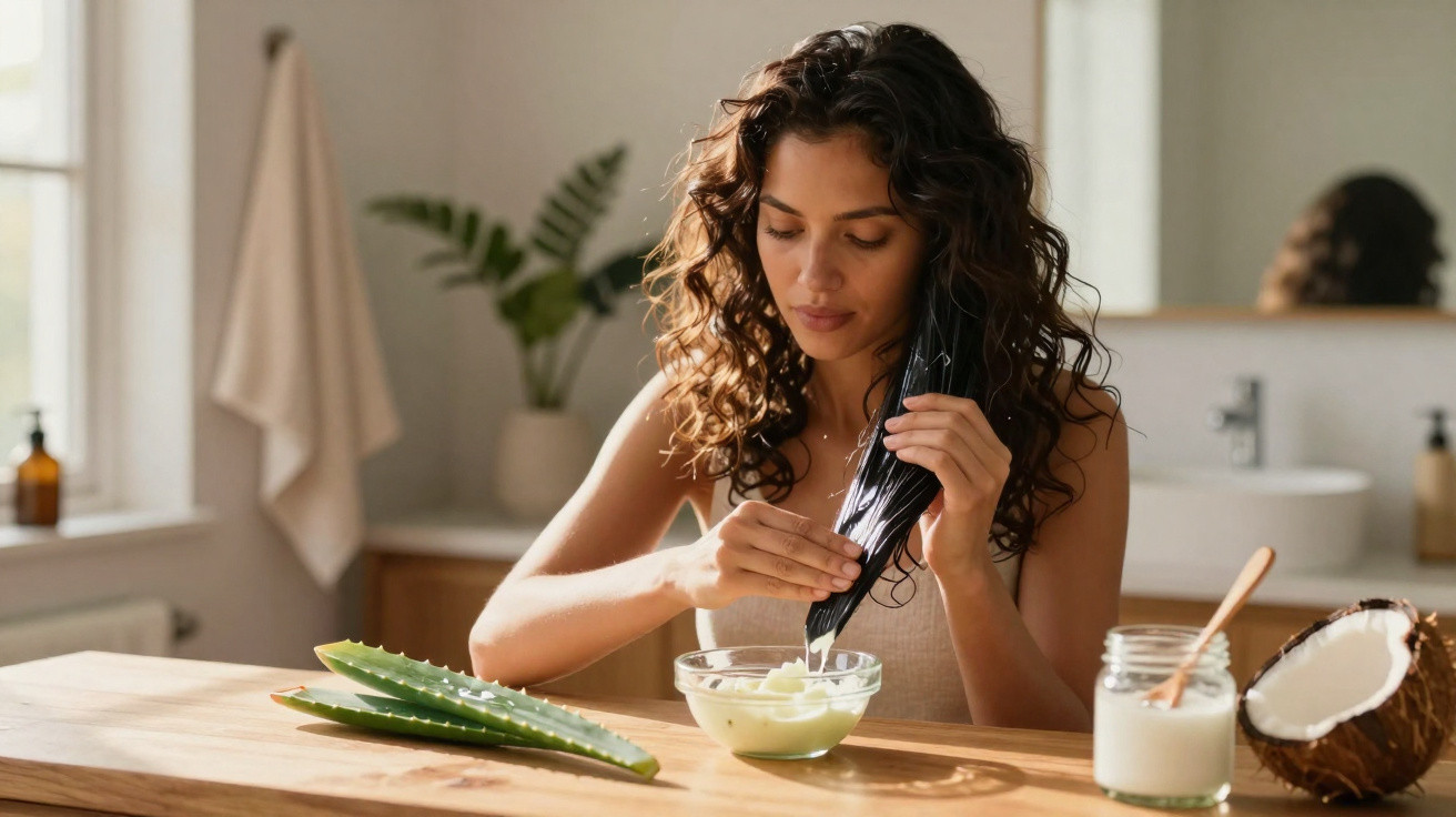 Woman mixing natural ingredients in a bowl, with aloe vera leaves and coconut on wooden table in bright kitchen.