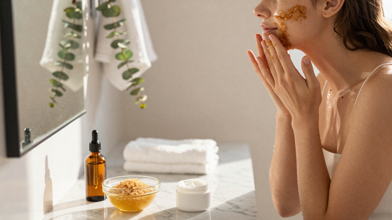 Woman applying a natural brown face scrub in a bright bathroom with skincare products on the counter