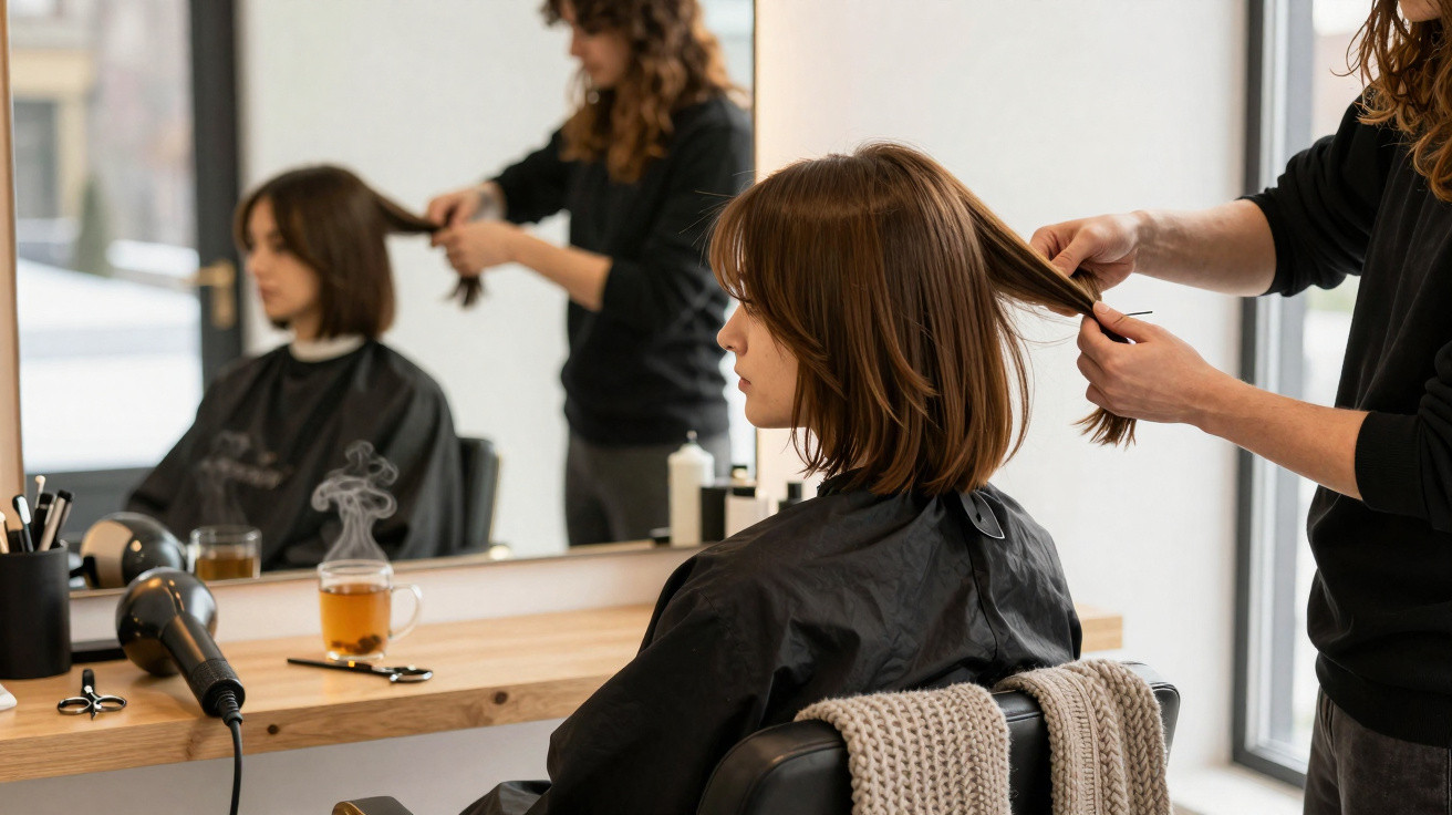 Hairdresser styling a seated woman's straight brown hair in a modern salon with a mirror and hair tools.