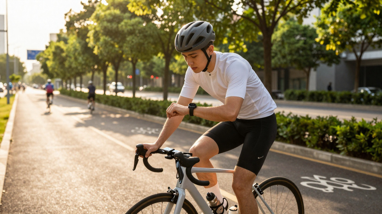 Cyclist wearing helmet and sportswear checking smartwatch while riding on city bike lane in sunlight.
