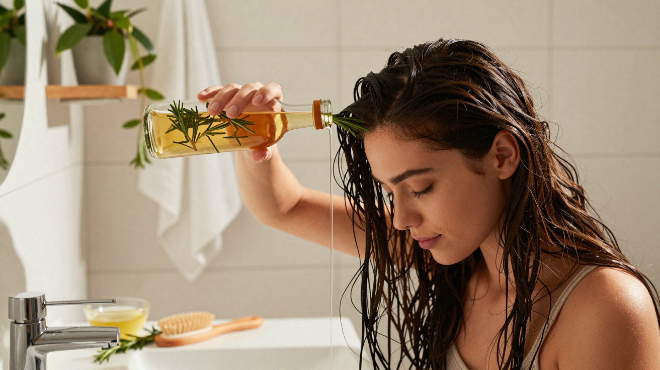 Woman pouring rosemary-infused oil onto her wet hair in a bathroom setting.