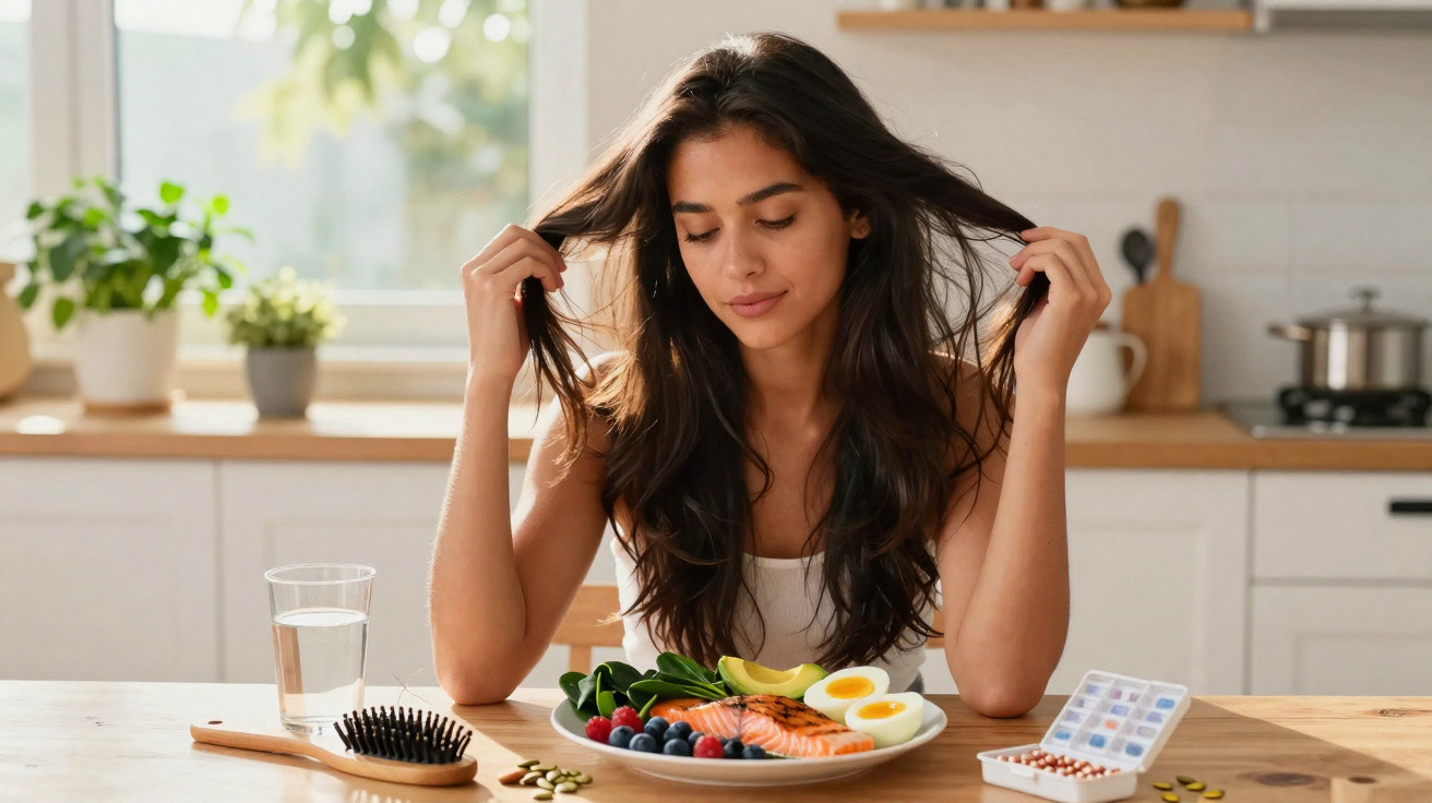 Young woman sitting at kitchen table with healthy meal of salmon, eggs, berries and vegetables, surrounded by supplements.