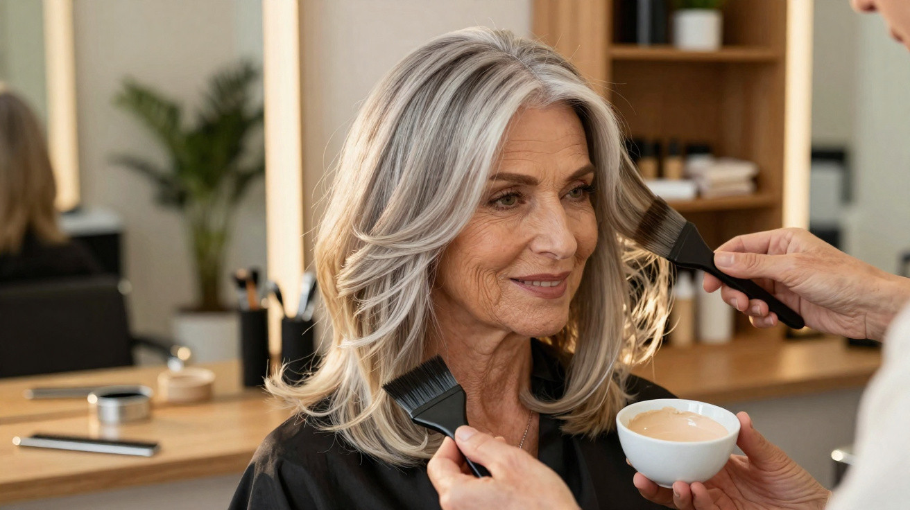Older woman with grey hair getting highlights applied by a hairstylist in a salon setting.