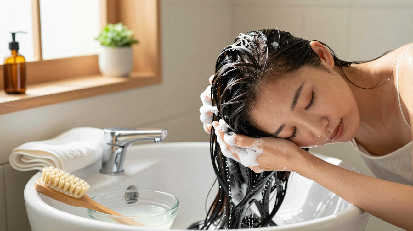Woman washing long hair with shampoo over a bathroom sink with natural light and toiletries nearby