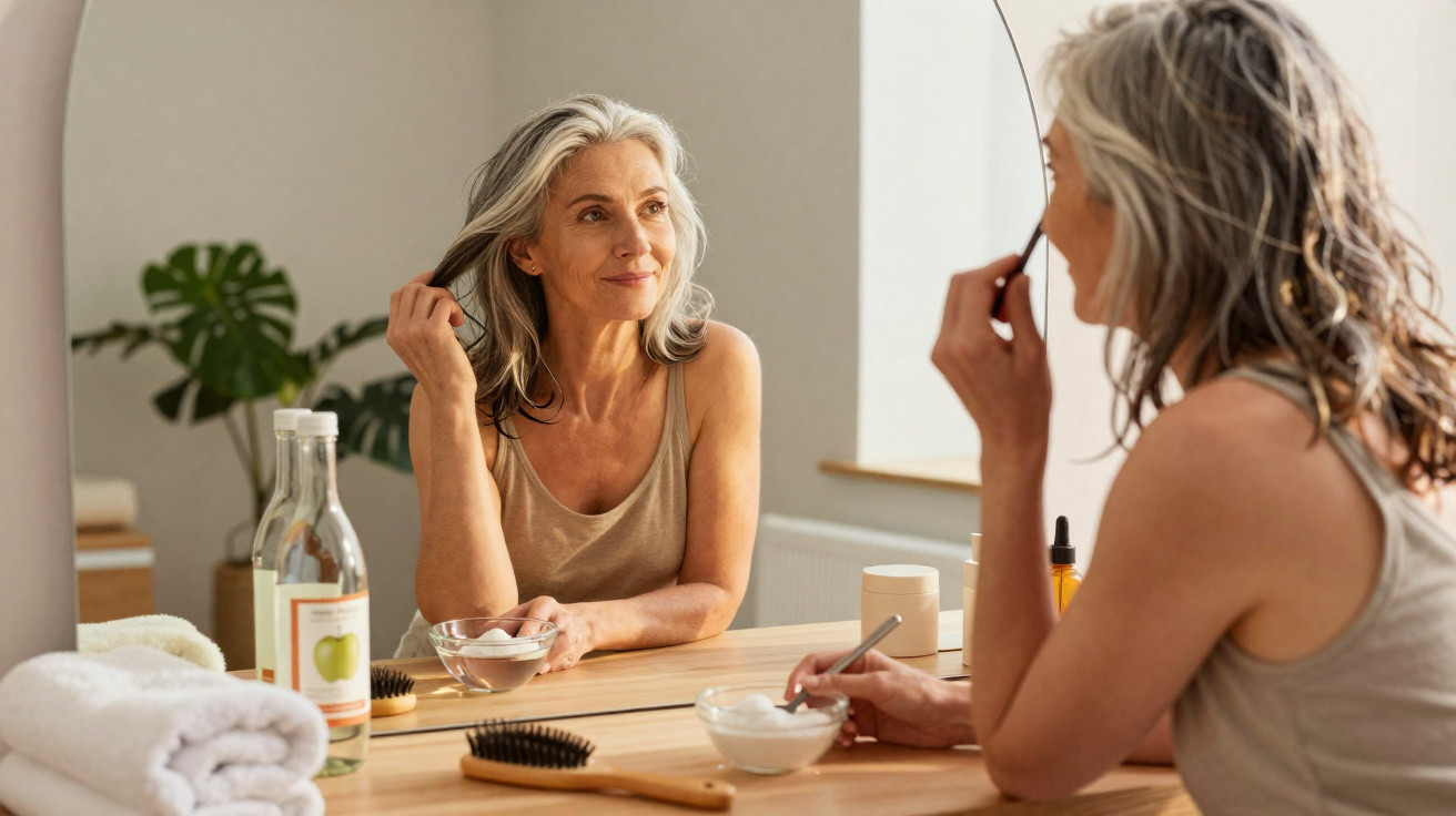 Mature woman with grey hair looking at herself in a mirror while applying skincare cream at a wooden dressing table.