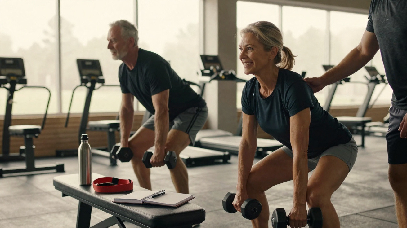 Two seniors lifting dumbbells in a gym with a trainer assisting the woman.