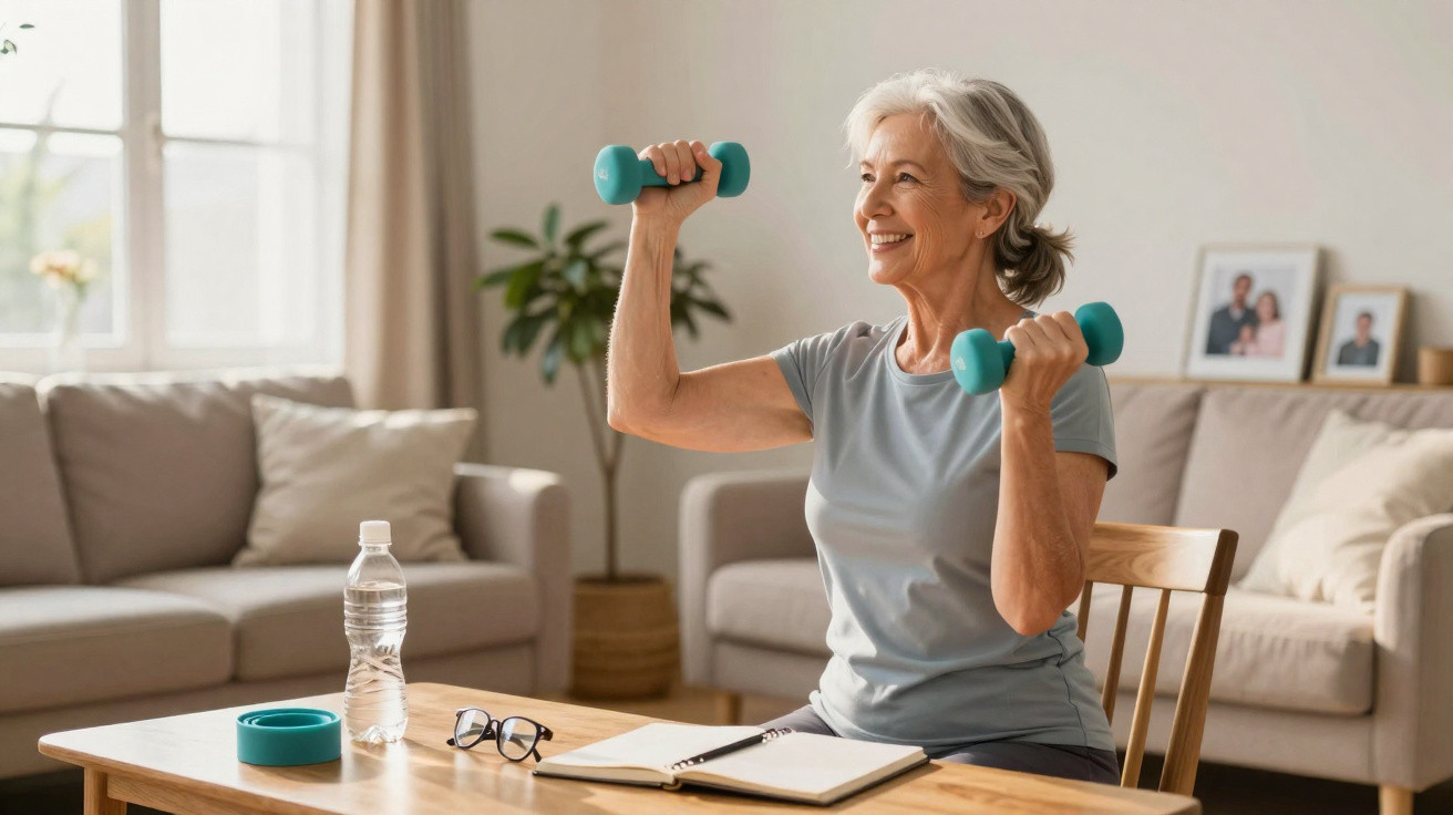 Older woman seated at table lifting dumbbells, smiling, with water bottle, glasses, and notebook in a cosy living room.