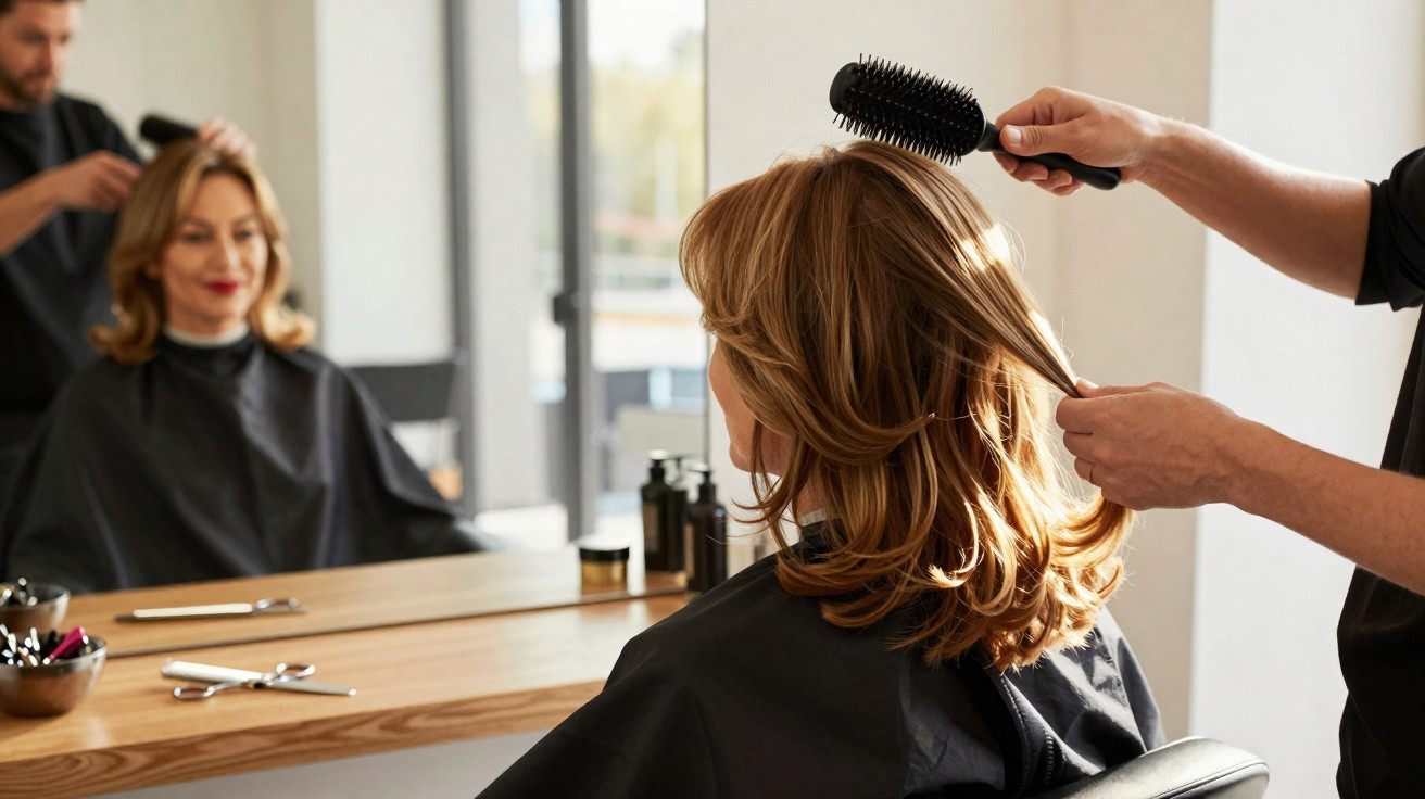 Woman with shoulder-length blonde hair getting styled with a round brush in a salon chair facing a mirror