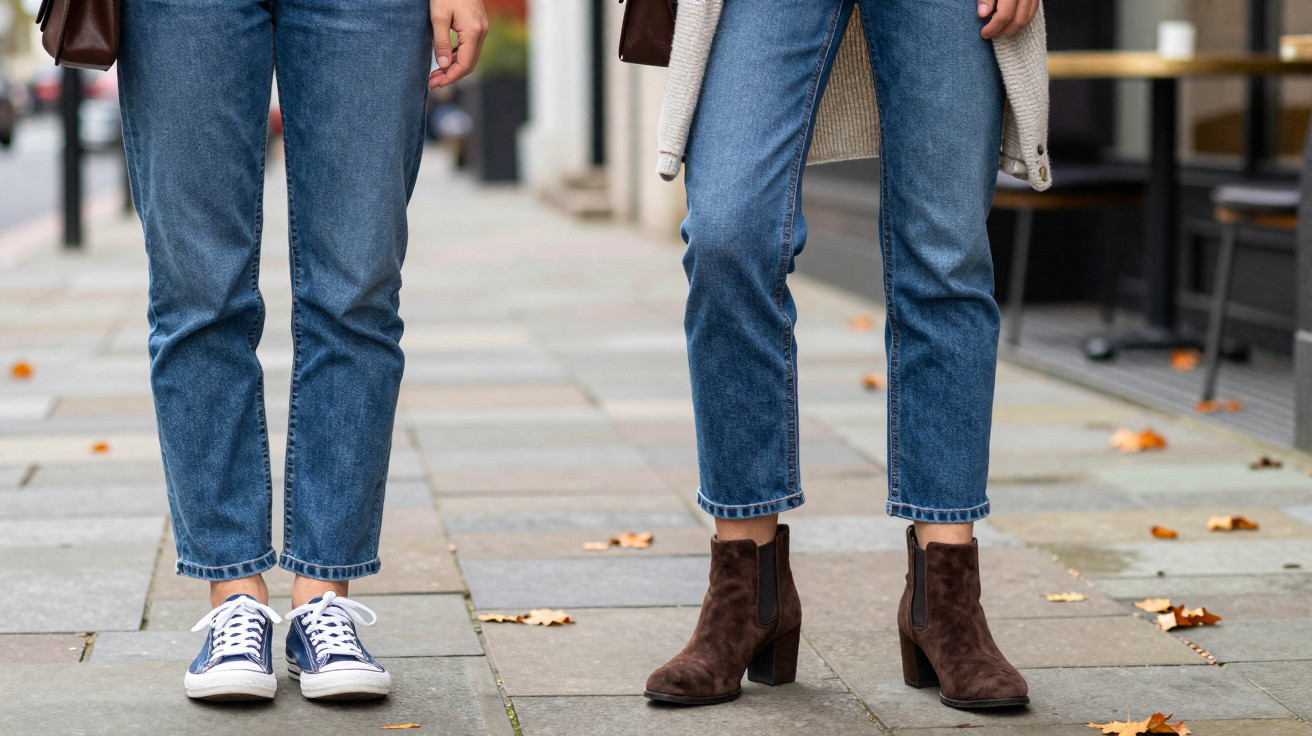 Two people standing on a pavement wearing blue jeans with sneakers and brown heeled ankle boots.