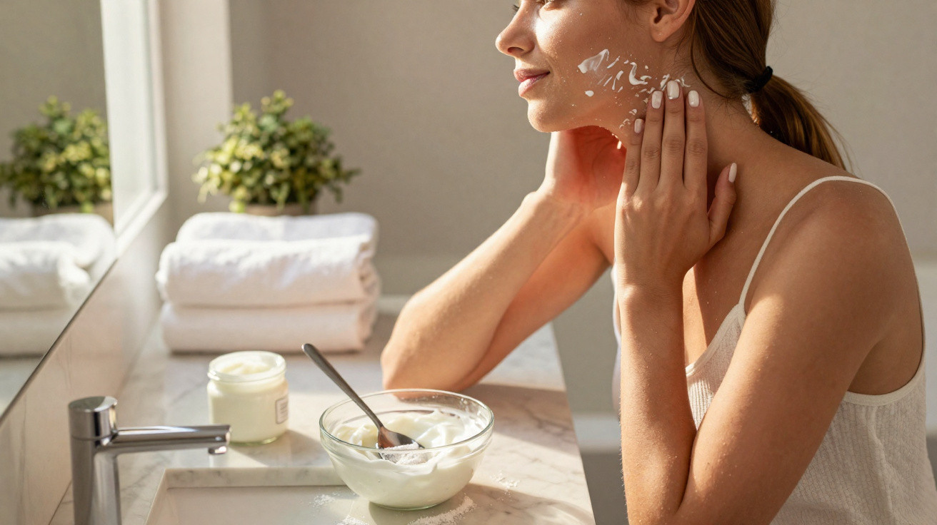 Woman applying cream to her face in a bright bathroom with a bowl of cream and folded towels nearby.
