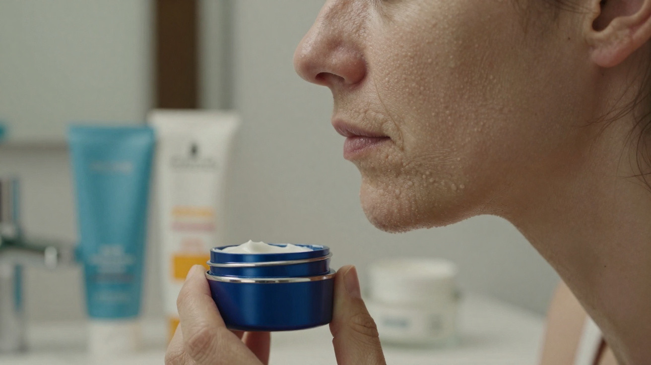 Close-up of a woman with dry skin holding a blue jar of cream in a bathroom setting.