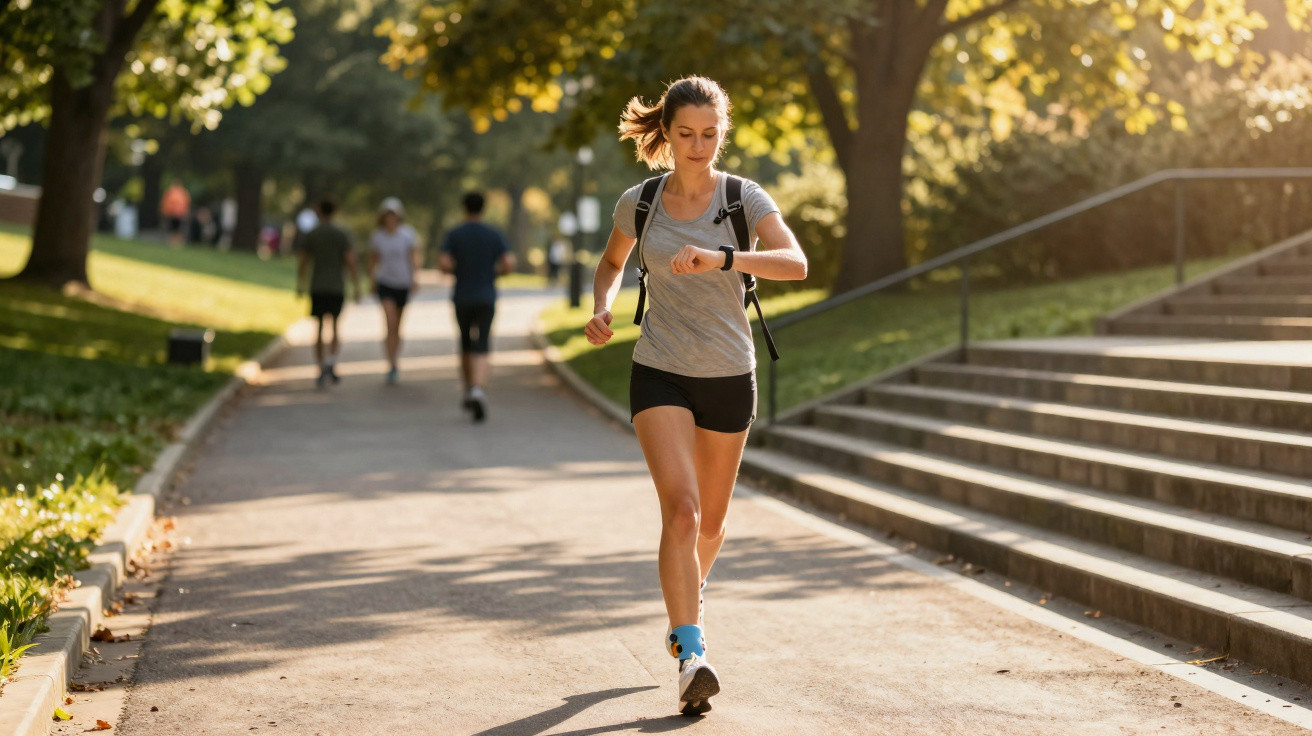 Woman jogging in park checking smartwatch, wearing grey t-shirt, black shorts, and a backpack on sunny day.