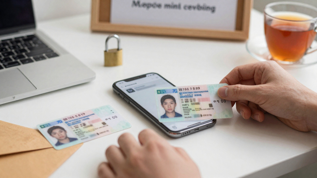 Person holding Vietnamese ID card over smartphone on desk with laptop, envelope, padlock, and cup of tea.