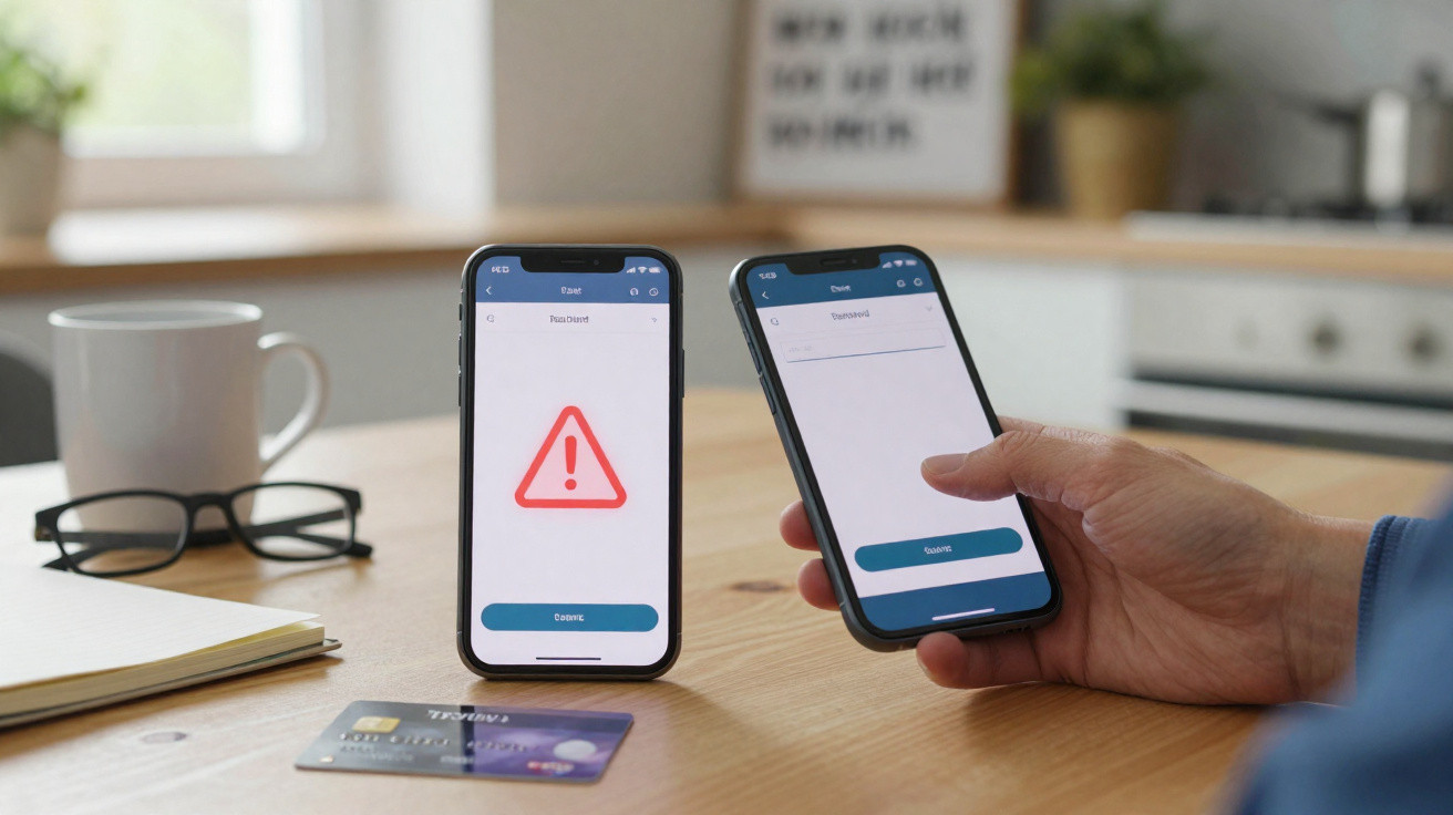 Two smartphones on a table showing a notification with an alert symbol, next to a credit card and glasses.