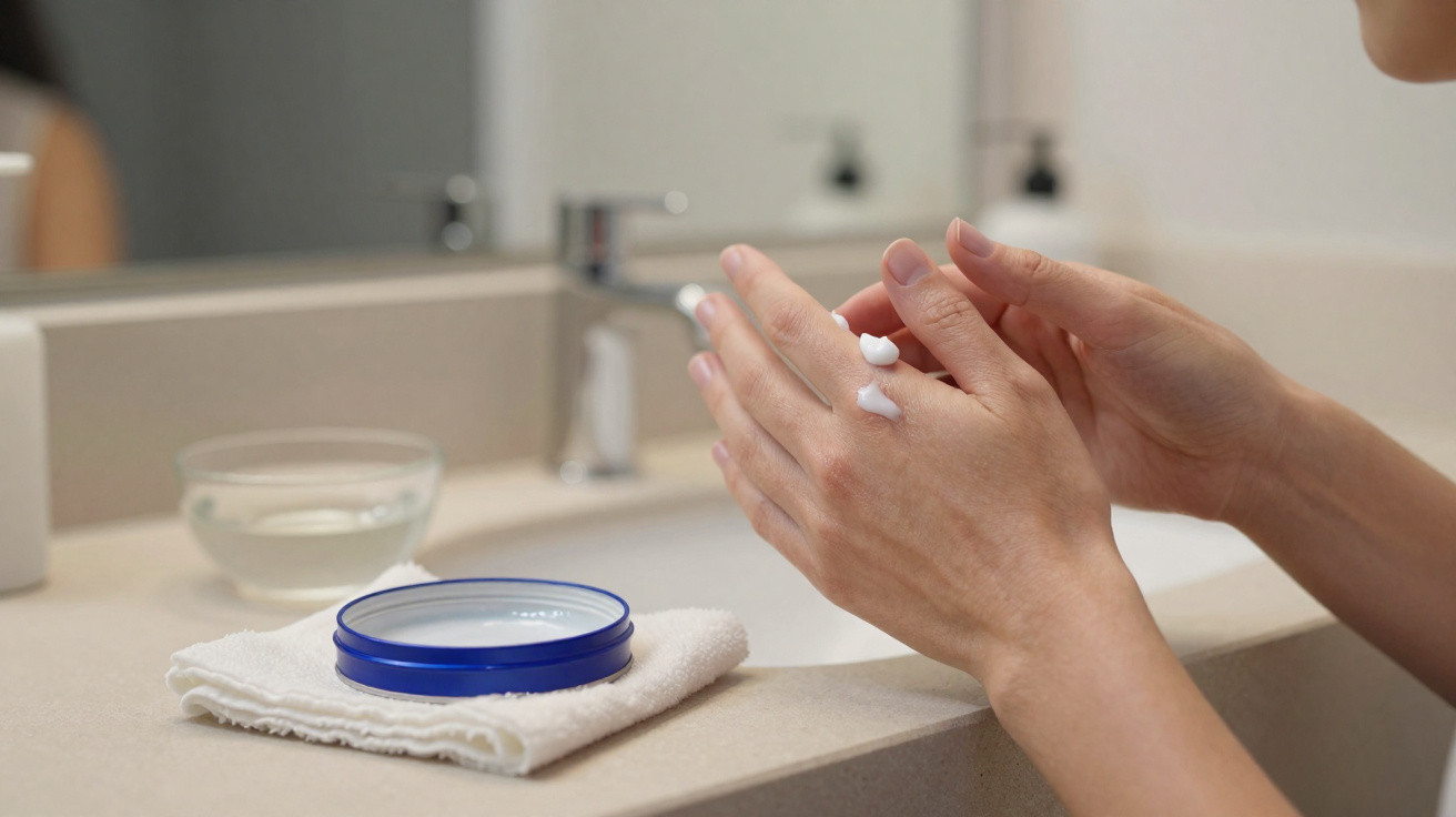 Person applying white cream to the back of their hands in a bathroom setting with a mirror and towel.