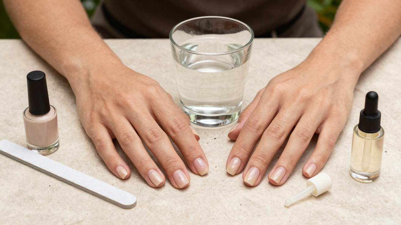 Hands with natural nails surrounded by nail care items, including nail polish, a file, and a glass of water.