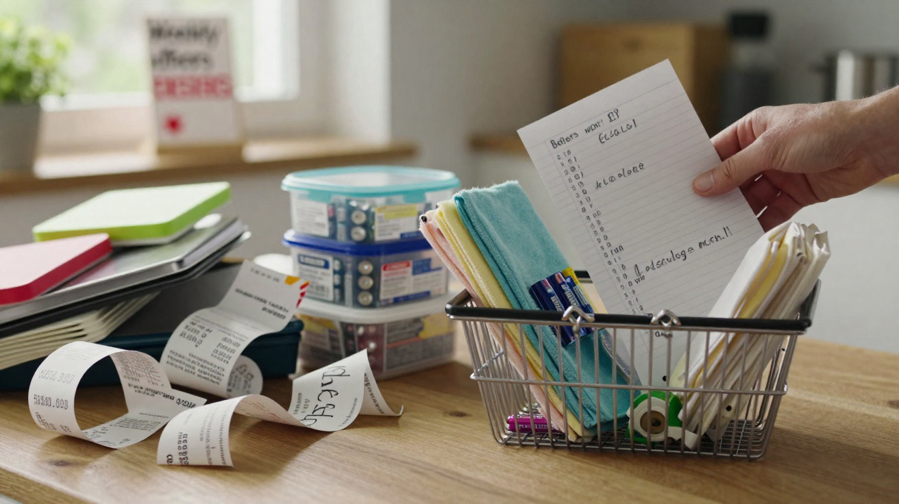 Hand holding paper above basket with cleaning cloths, notebooks, receipts, and cleaning products on wooden table.