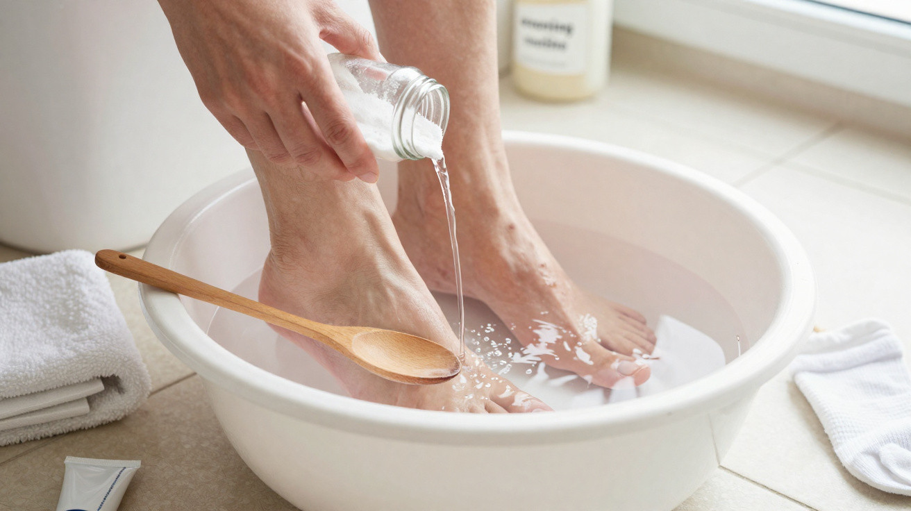 Person pouring salt into a warm foot bath with a wooden spoon inside a white basin.